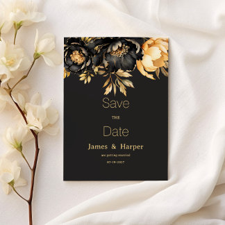 豪華なブラックゴールドの牡丹の花 Save the Date 招待状