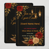豪華なブラックゴールドの花模様の招待状テンプレート 招待状 (正面/裏面)