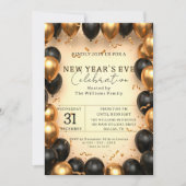 豪華なブラックゴールドバルーン紙吹雪新年会 招待状 (正面)