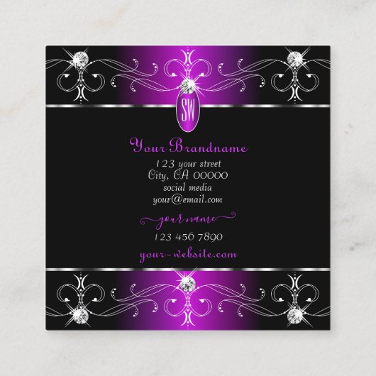 豪華なブラックパープル華美オーナメントイニシャル スクエア名刺 (裏面)