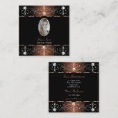 豪華なブラックブラウン華美オーナメントと写真 スクエア名刺 (正面/裏面)