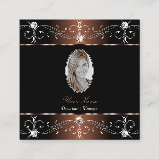 豪華なブラックブラウン華美オーナメントと写真 スクエア名刺 (正面)