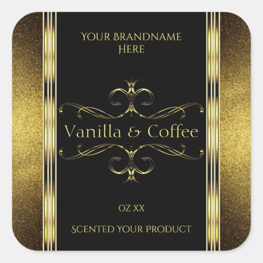 豪華なブラック金ゴールド縁どグリッター製品ラベル スクエアシール (正面)