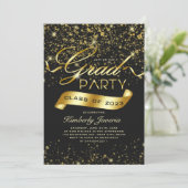 豪華なブラック＆ゴールドのグリッター卒業パーティー 招待状 (スタンド正面)