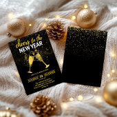豪華なブラック&ゴールドグリッターの新年パーティー 招待状