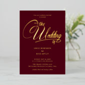 豪華なブルゴーニュと金の箔押し結婚の 箔招待状 (立ち正面)