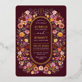 豪華なブルゴーニュのワイルドフラワーモノグラム結婚クレスト 箔招待状 (正面)