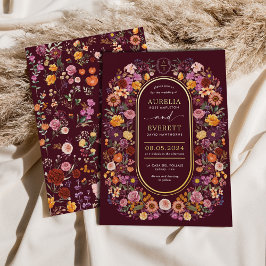 豪華なブルゴーニュのワイルドフラワーモノグラム結婚クレスト 箔招待状