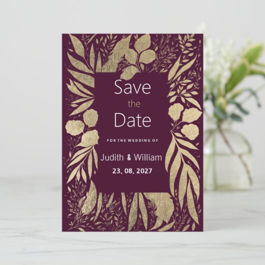 豪華なブルゴーニュ金ゴールドの葉のフローラ日付を保存 招待状 (スタンド正面)