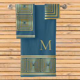 豪華なブルー金ゴールド名イニシャルタオルセット バスタオルセット