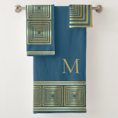 豪華なブルー金ゴールド名イニシャルタオルセット バスタオルセット