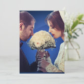 豪華なブルー&ゴールドの写真挙式発表 招待状 (スタンド正面)