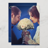 豪華なブルー&ゴールドの写真挙式発表 招待状 (正面/裏面)