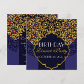 豪華なブルー、レッド、ゴールドのジュエリー誕生日ディナー 招待状 (正面/裏面)