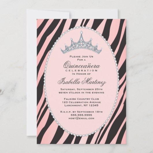 豪華なプリンセス ティアラ ゼブラ ピンクのキンバネラ パーティー 招待状 (正面)