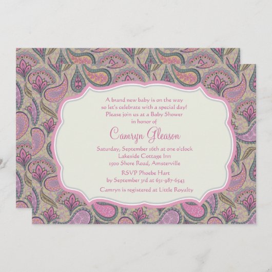 豪華なペイズリーピンクベイビーシャワー招待状 招待状 (正面/裏面)