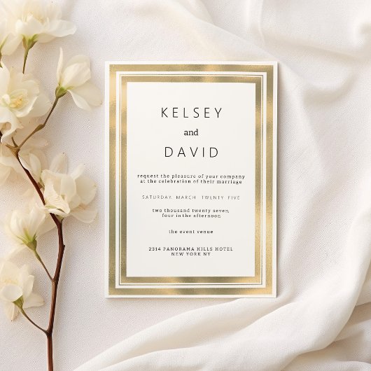 豪華なホワイトゴールドの幾何学フレーム エレガントな結婚式 招待状
