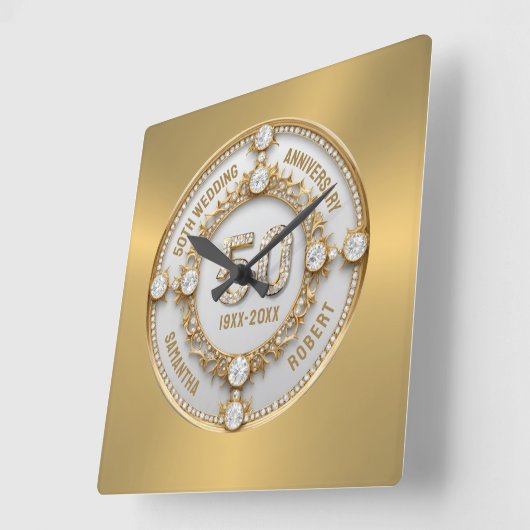 豪華なホワイトダイヤモンド 50周年結婚記念日 スクエア壁時計 (傾斜)