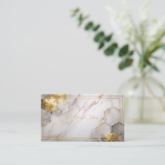 豪華なホワイトマーブル&ゴールドフォイル六角 名刺 (スタンド正面)
