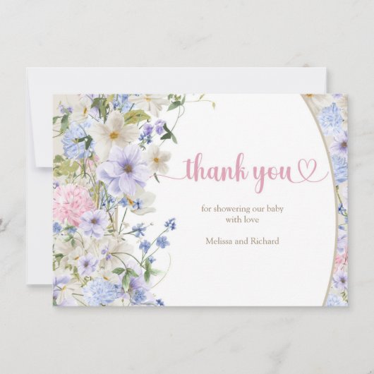 豪華なボホ春ワイルドフラワー赤面ベビーシャワー サンキューカード (正面)