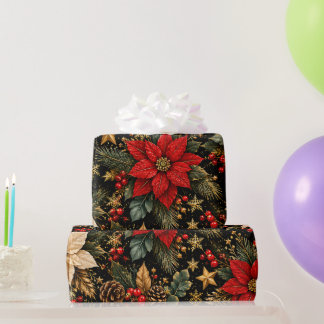 豪華なポインセチアのクリスマスフラワーパターン ラッピングペーパー