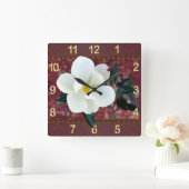 豪華なマグノリアの時計、バーガンディまたはあなたの色 スクエア壁時計 (ホーム)