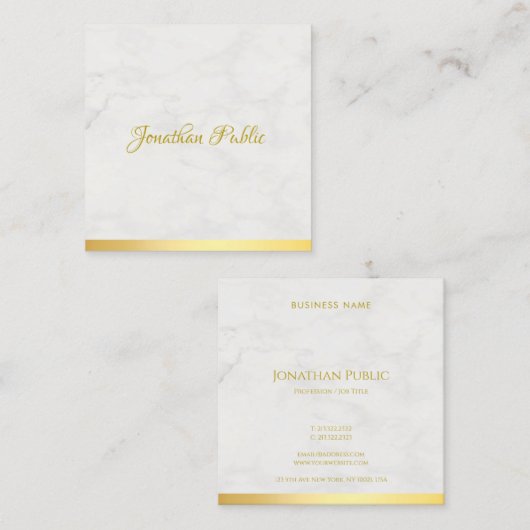 豪華なモダン金ゴールドと大理石シックなハンドスクリプト スクエア名刺 (正面/裏面)