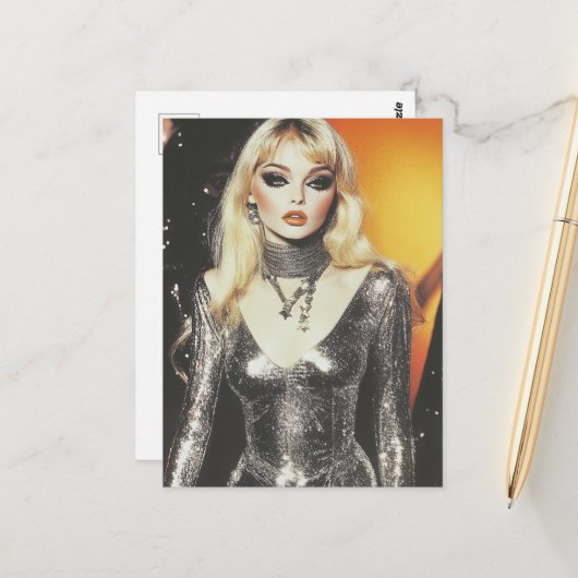 豪華なレトロブロンドの女性の装きらめく置 ポストカード (正面/裏面インサイチュ)