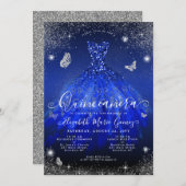 豪華なロイヤルブルーのシルバーグリッターのドレス キンセアニエラ 招待状 (正面/裏面)