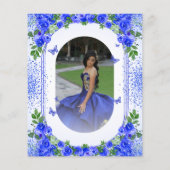 豪華なロイヤルブルーの花柄のキンセアニエラ招待状(お姫様の成人式の招待状) チラシ (裏面)