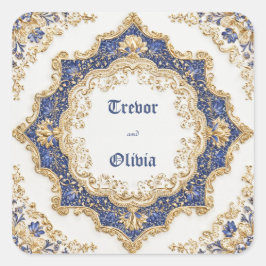 豪華なロイヤルブルーゴールドバロックスターバーストウェディング スクエアシール