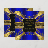 豪華なロイヤルブルー ブラック ゴールドの誕生日パーティー3 招待状 (正面/裏面)