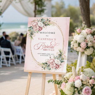 豪華なローズゴールドの花と緑の結婚前お祝いパーティー ポスター