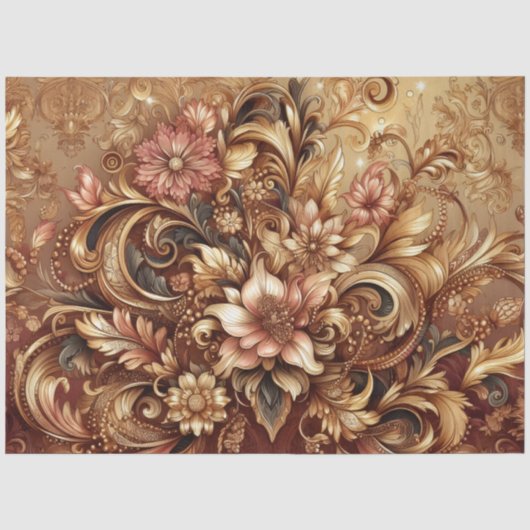 豪華なローズゴールドバロック調の花のデコパージュ 薄葉紙 (正面)