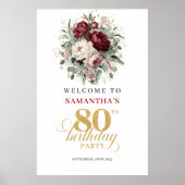 豪華なワインレッドの花の80歳の誕生日ウェルカムポスター ポスター (正面)