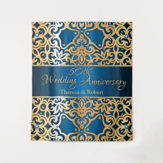 豪華なヴィンテージゴールドとブルーのジュエル付き結婚記念日 タペストリー (正面)