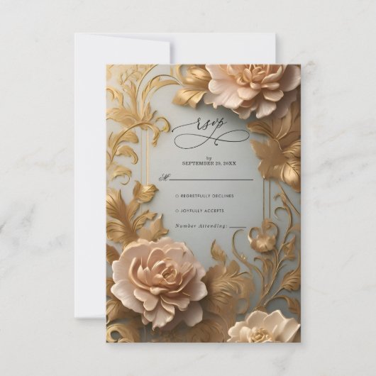 豪華なヴィンテージスタイルの花柄 ウェディング 出欠カード (正面)