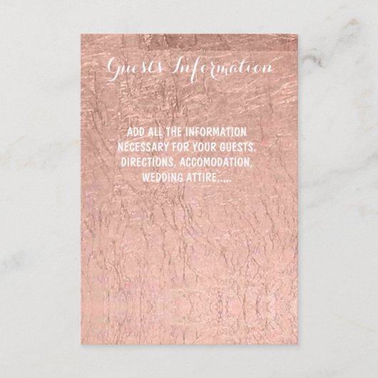 豪華な偽のローズゴールドの葉の結婚式ゲスト情報 エンクロージャーカード (正面)