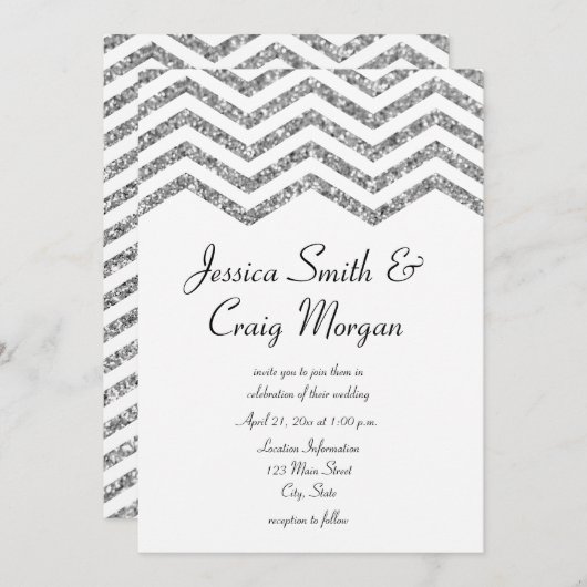 豪華な偽銀の輝きのシェブロンデザインのウェディング 招待状 (正面/裏面)