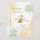 豪華な優雅さ：アイボリー、ゴールド＆グリーンの招待状 招待状 (正面/裏面)