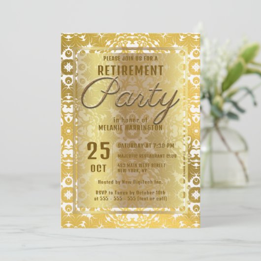 豪華な光沢のある金ゴールドダマスク退職パーティー 招待状 (スタンド正面)