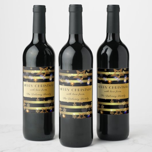 豪華な光沢のある金ゴールド雪と星のクリスマス ワインラベル (ボトル)