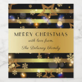 豪華な光沢のある金ゴールド雪と星のクリスマス ワインラベル (シングルラベル)