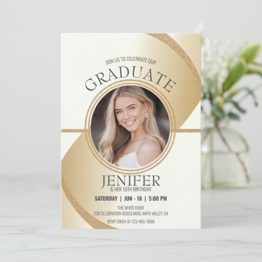 豪華な写真の誕生日卒業証書 スパーキングゴールド 招待状 (スタンド正面)