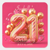 豪華な大人っぽさ ゴールドとピンクの21歳の誕生日 スクエアシール (正面)
