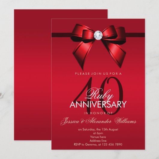 豪華な宝石の弓とリボン 40周年記念結婚式 招待状 (正面/裏面)