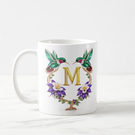豪華な宝石付きハummingbirdのイニシャルM コーヒーマグカップ (左)