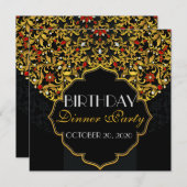 豪華な宝石付きブラックレッドゴールド誕生日ディナー 招待状 (正面/裏面)