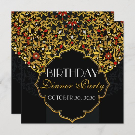 豪華な宝石付きブラックレッドゴールド誕生日ディナー 招待状 (正面/裏面)