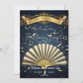 豪華な扇子をテーマにした誕生日 | ゴールド＆ネイビーの優雅さ 招待状 (正面)
